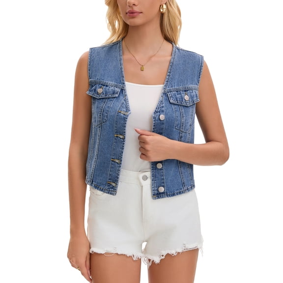 Women's Cropped Denim Vest V Neck Western Button Up Sleeveless Jean Waistcoat Jacket S Light Blue