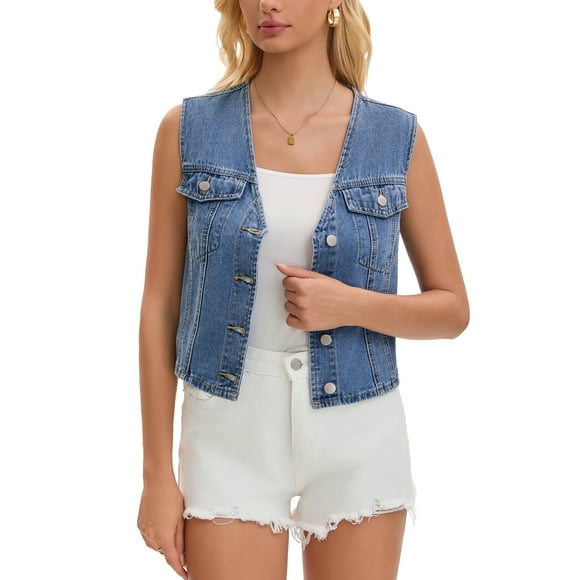 Women's Cropped Denim Vest V Neck Western Button Up Sleeveless Jean Waistcoat Jacket S Light Blue