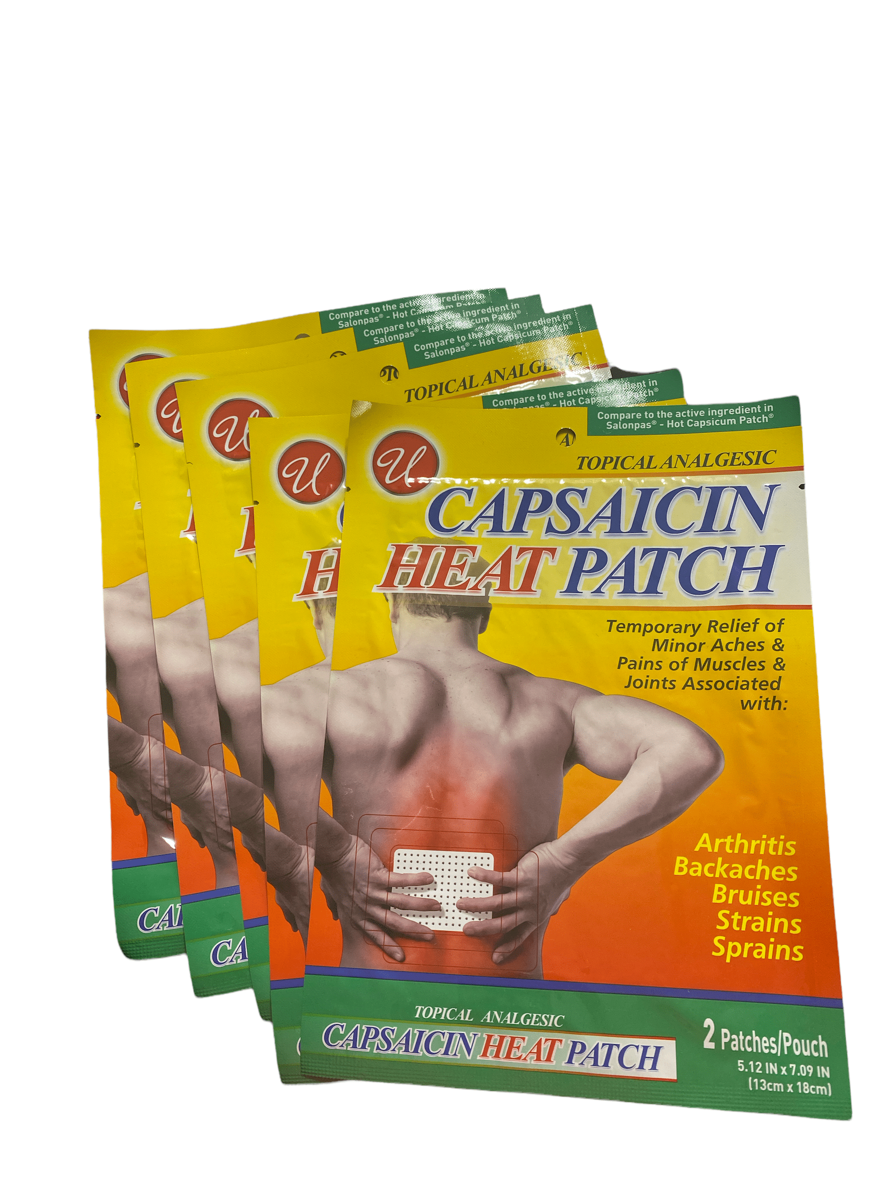 U Capsaicin Heat Patch Arthritis Backaches Bruises Strains Sprains 10 Patches = 5 Pack