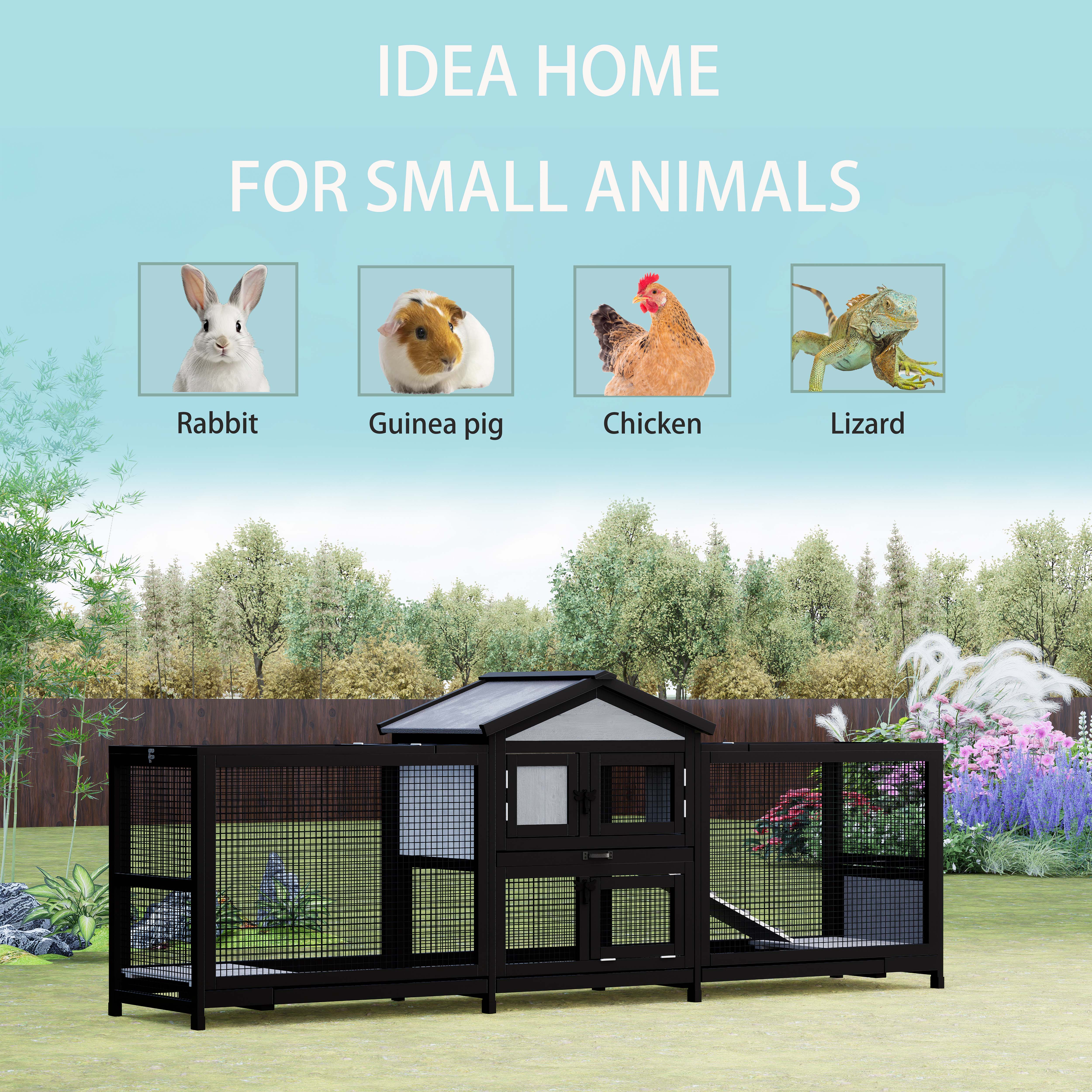 Large Wooden Rabbit Cage Small Animal Cage Indoor Outdoor Pet Cage (large) With Removable Tray And Wire Mesh  Bedding Area 2Running Cages Sturdy And Durable ,Spacious And Pracctical.Black