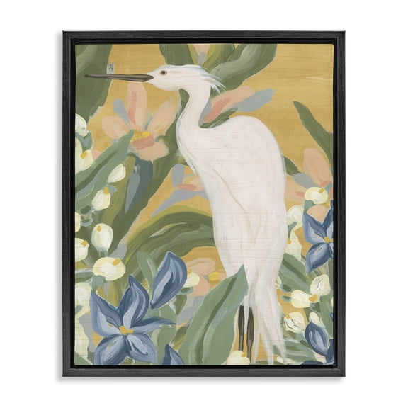 Stupell Industries Tropical Egret Painting Animals & Insects Painting Black Floater Framed Canvas Art Print Wall Art, 17 x 21