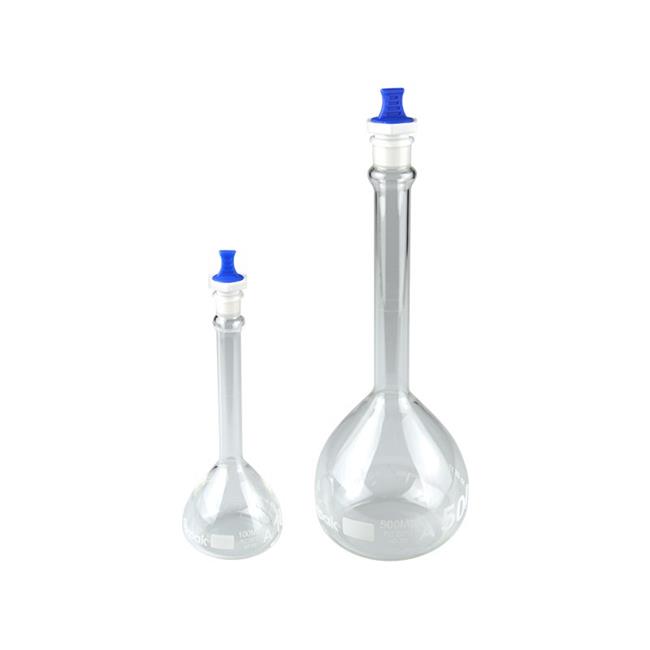 200 ml Clear Volumetric Flask with Blue Snap Cap, Class A, ASTM E288