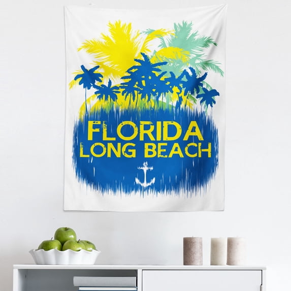 Vintage Florida Tapestry, Illustration of 27th State of America Sunny Beach Anchor Palms, Fabric Wall Hanging Decor for Bedroom Living Room Dorm, 5 Sizes, Cobalt Blue and Yellow, by Ambesonne