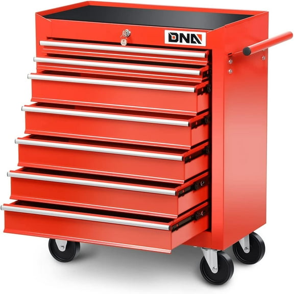 DNA Motoring TOOLS-00264 7-Drawer Red Plastic Top Rolling Tool Cabinet with Keyed Locking System