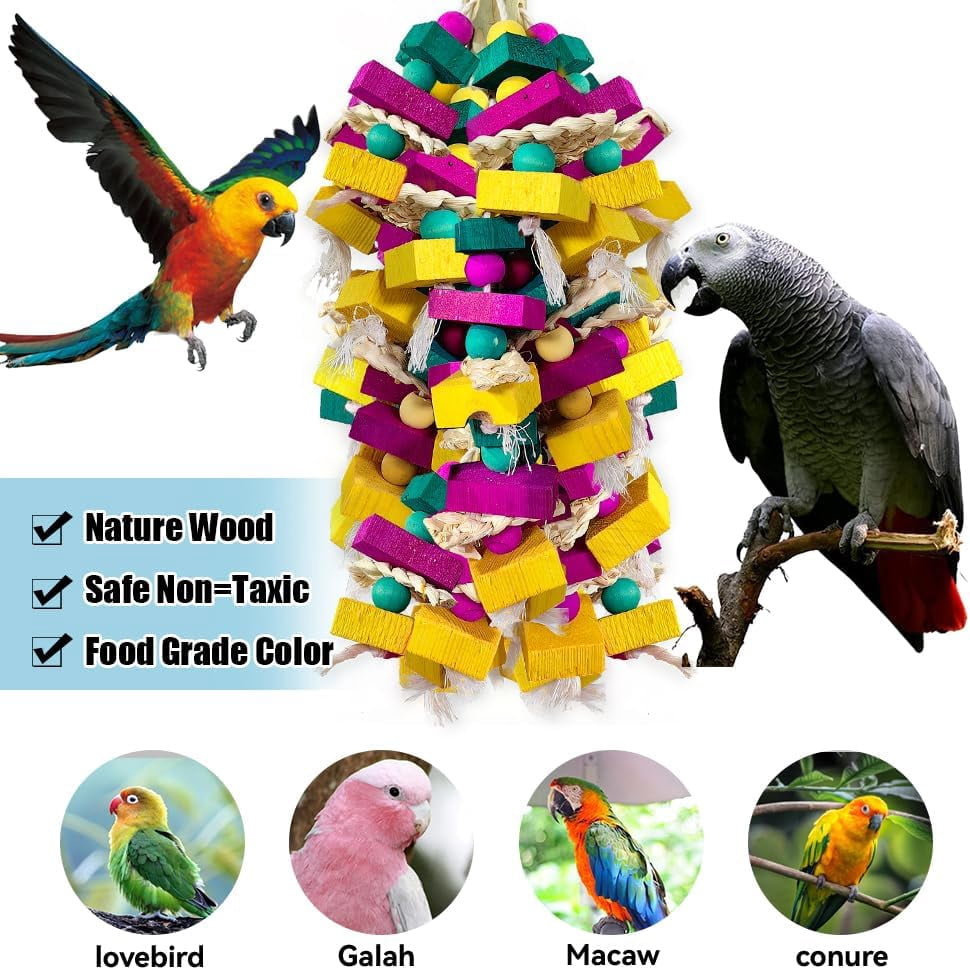 Bird Toys, Multi-Color Wooden Block with Bamboo Support Chewing Toy for Parrot Cage