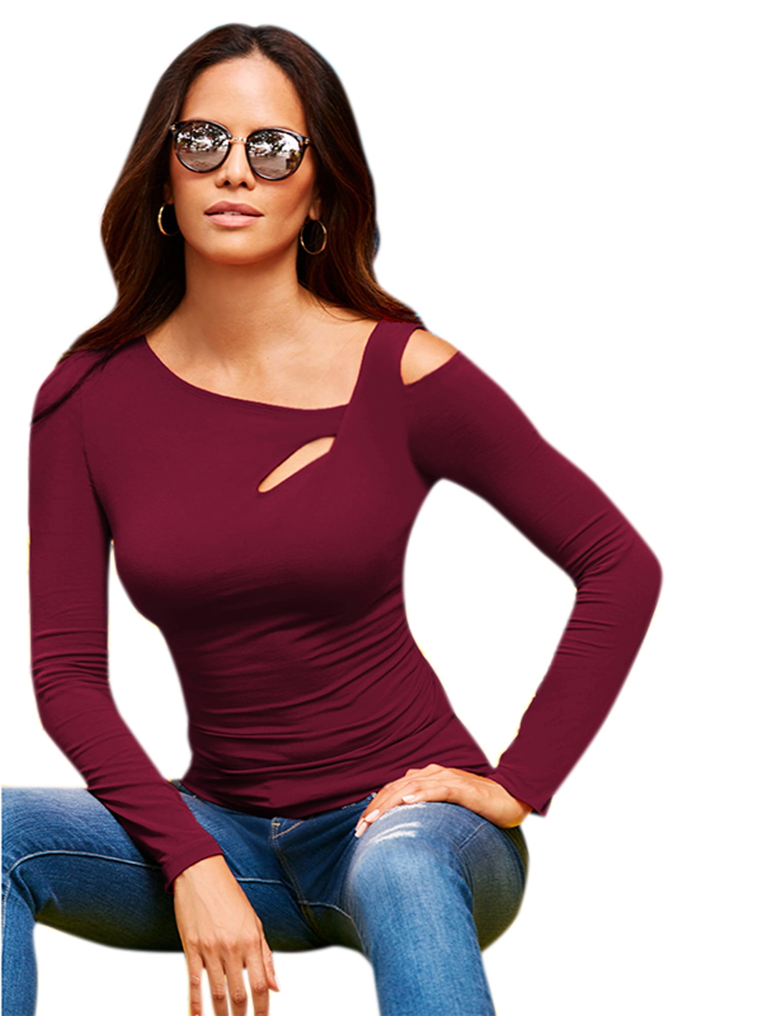 Lallc - Women's Cold Shoulder Tops Long Sleeve T Shirts Bodycon Skinny ...