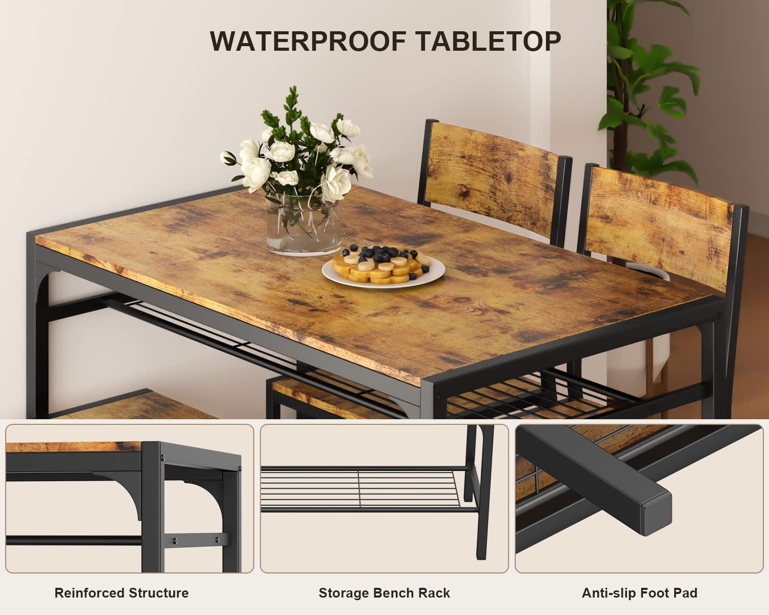 Lofka Retro Wooden Dining Table Set for 4 with Storage Bench Rack for Dining Room & Kitchen