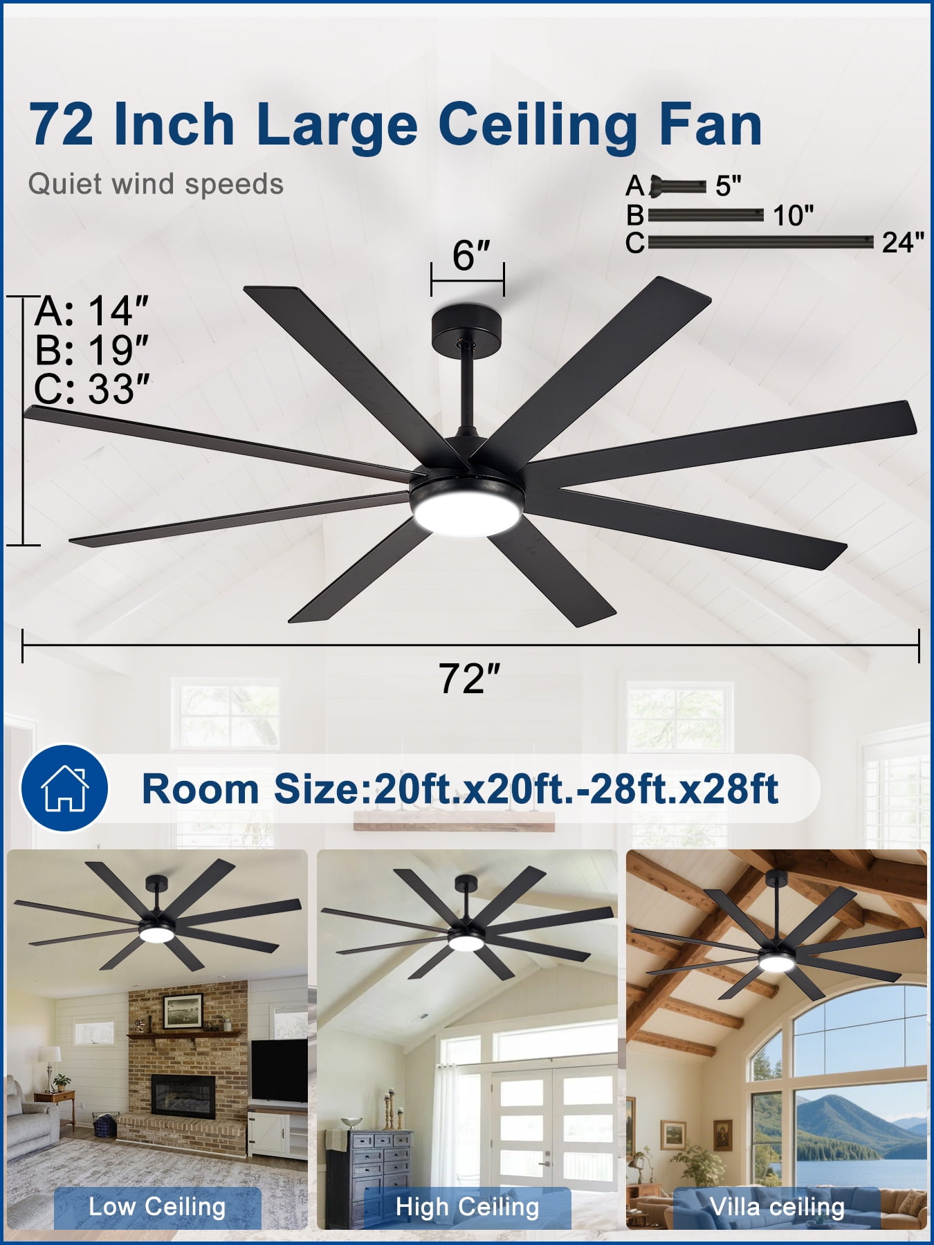 Depuley 72-Inch Indoor/Outdoor Ceiling Fan with Light - 8-Blade in Black Walnut, Remote & App Control, Dimmable 3CCT LED, Quiet DC Motor​