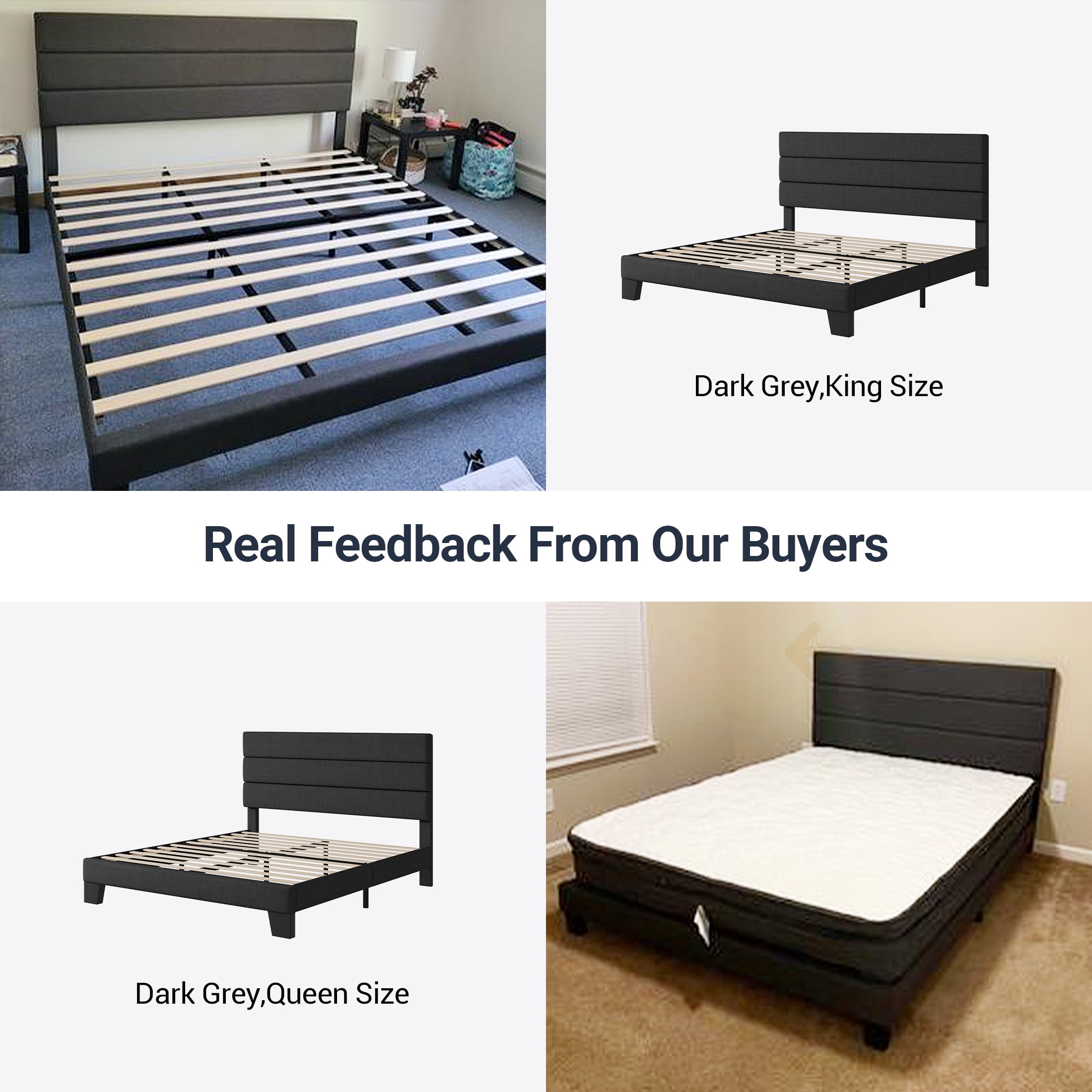 Allewie Full Size Platform Bed Frame with Fabric Upholstered Headboard, No Box Spring Needed, Navy Blue