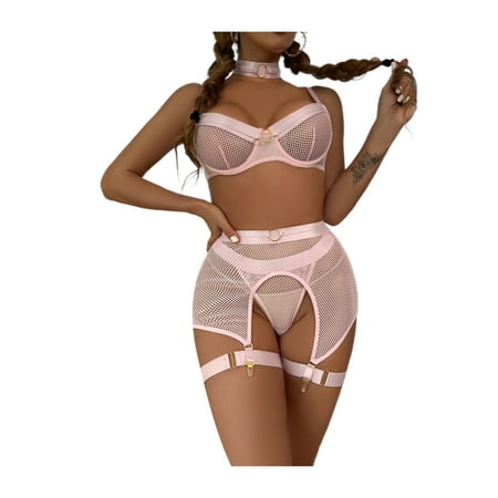 

Tregren Women Lingerie Set with Garter Belts Flower Lace Bra Panty