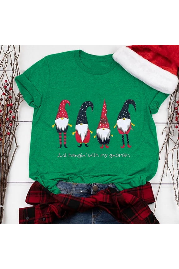 Christmas Shirts Women Short Sleeve Gnome Graphic Tops Round Neck Shirt Bleached Plus Size Tees Blouse Top