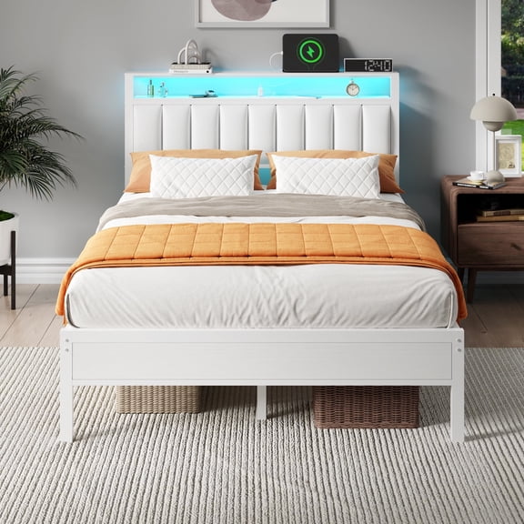 Satifur Full Bed Frames with LED Lights & Charging Station, Platform Bed with Metal Slats, Headboard with 2-Tier Storage Shelves, No Box Spring Needed, White