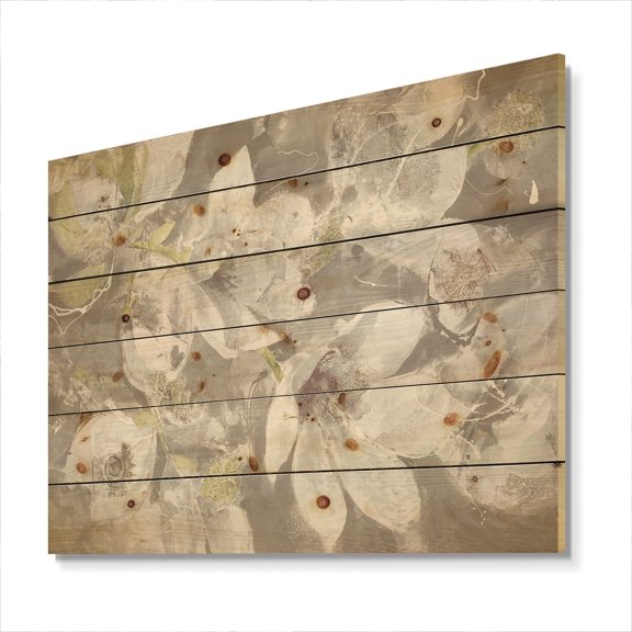 Designart 'Beige And Brown Blossiming Flowers' Farmhouse Print on Natural Pine Wood