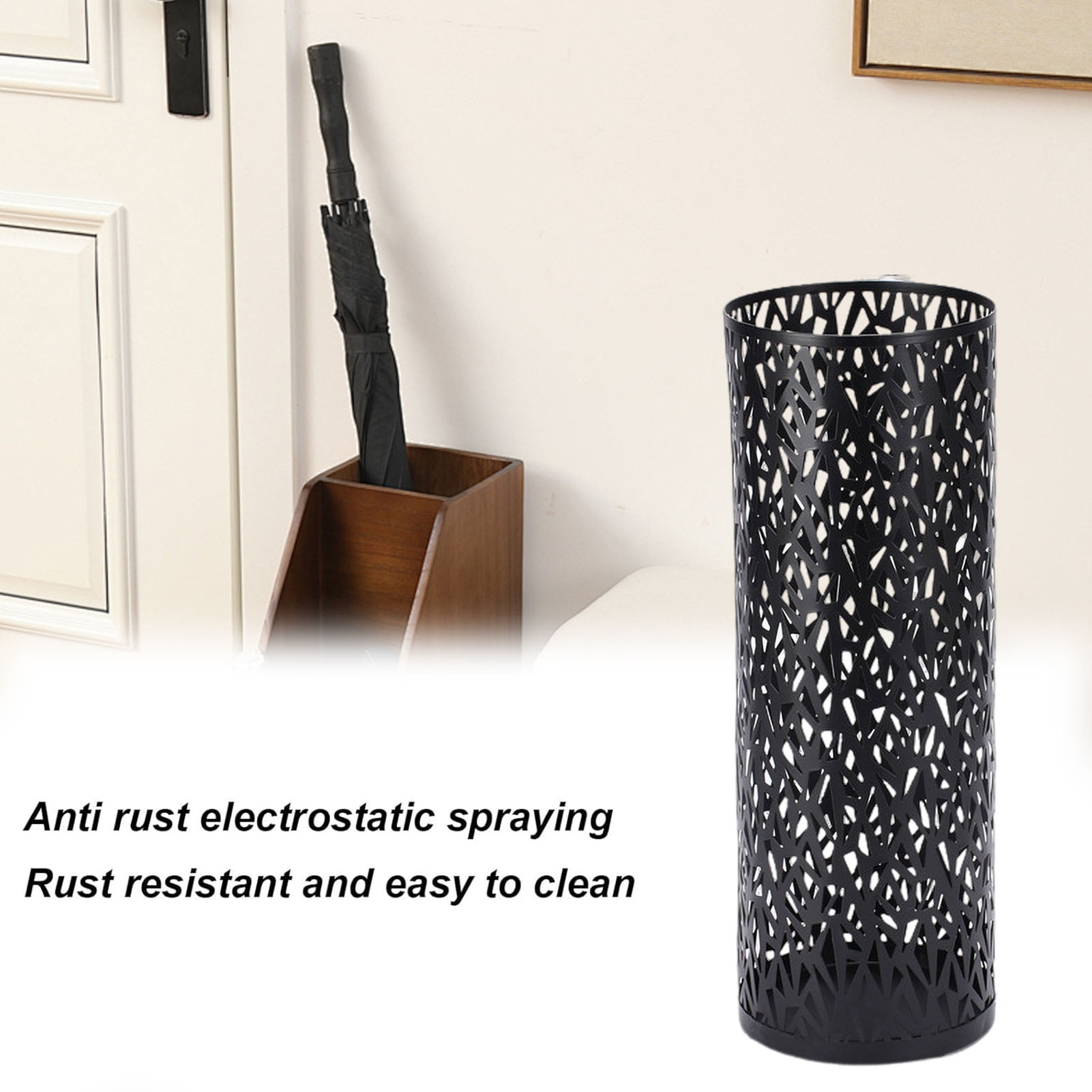Opvise Umbrella Stand Rack Rustproof Corrosion Resistant Compact Design Metal Hollowed Freestanding Round Umbrella Holder Organizer Bin