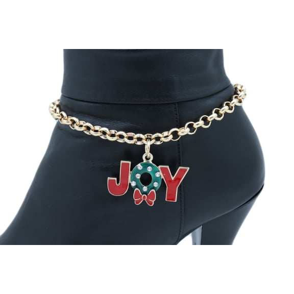 Women Gold Metal Chain Boot Bracelet Anklet Shoe JOY Charm Christmas Jewelry