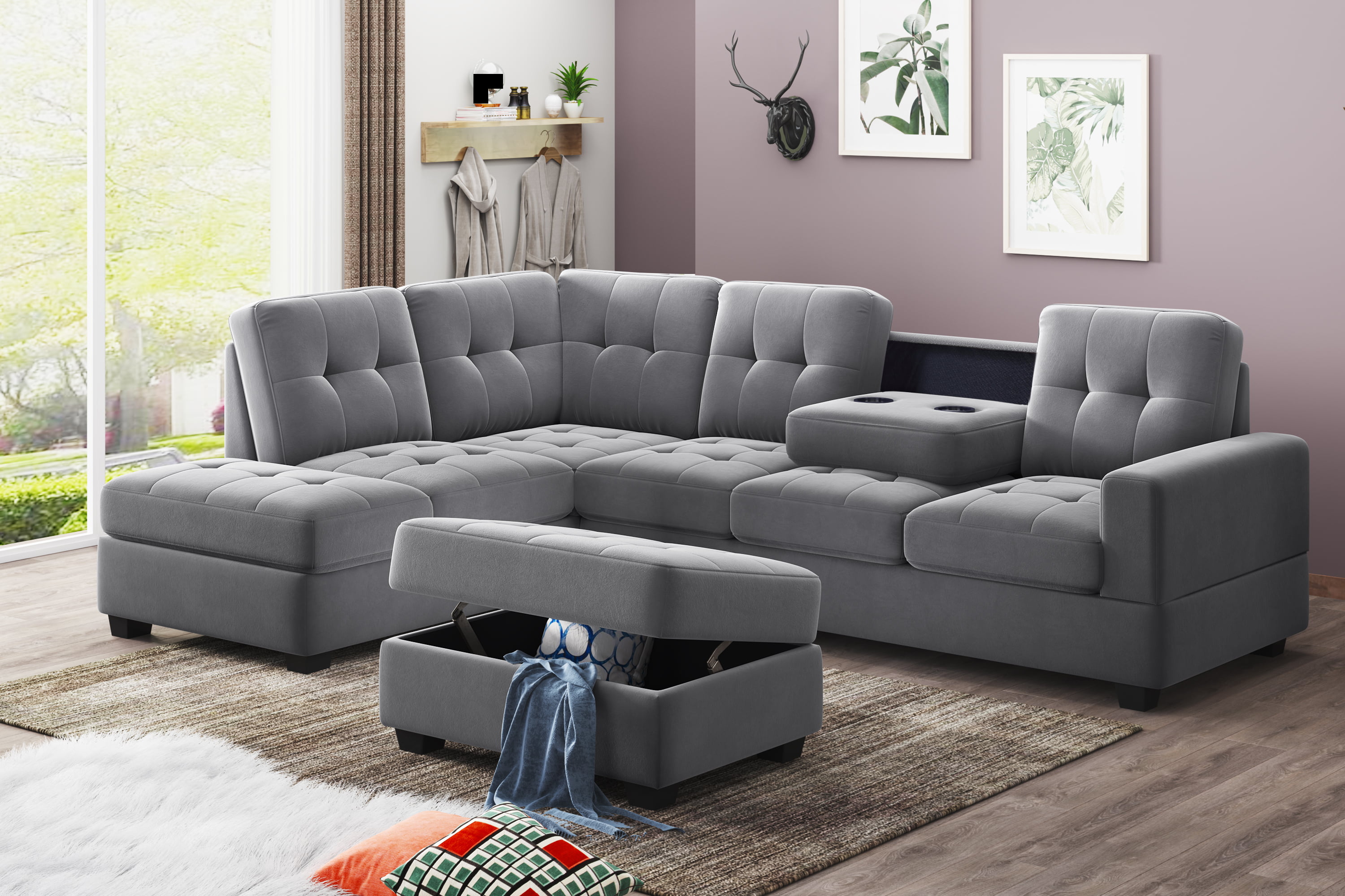 Contemporary Sectional Modern Sofa Microsuede Reversible Chaise &Ottoman From CA 