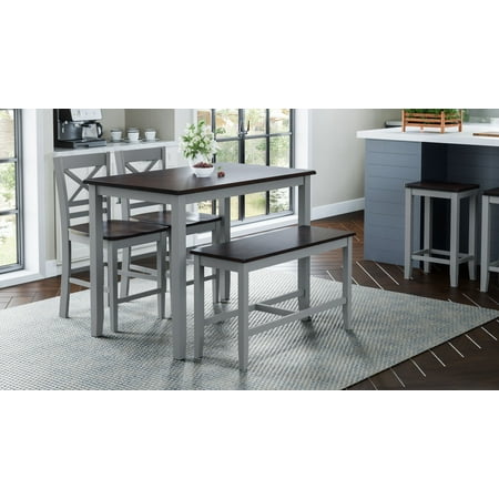 Jofran Asbury Park Solid Acacia Farmhouse 4-Pack Counter Height Dining Set - Table with 2 Stools and Bench