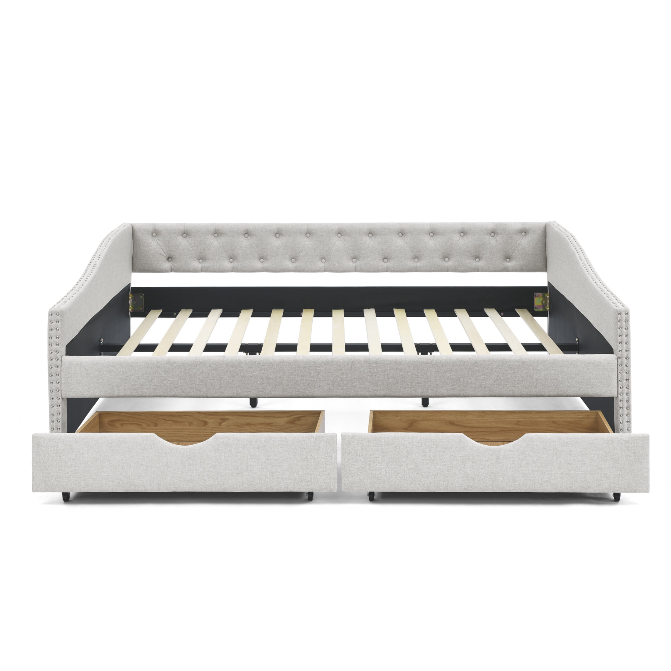 Noble House Queen Size Button Tufted Daybed, Linen Sofa Bed Frame with Storage Drawers and Nailhead Waved Arms, Beige