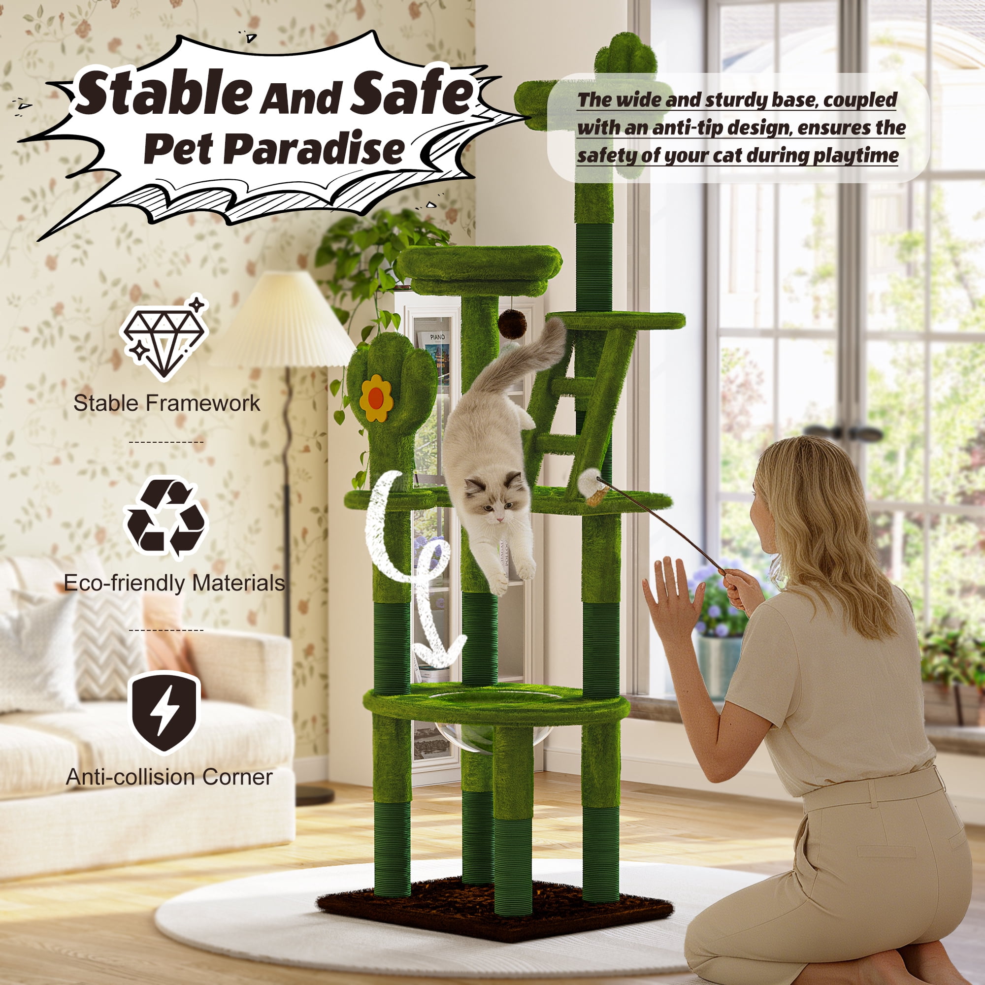 YIYADO 72in Cactus Cat Tree, Tall Indoor Cat Tower with Transparent Capsule, Sisal Scratching Posts, Plush Perches & Interactive Toys