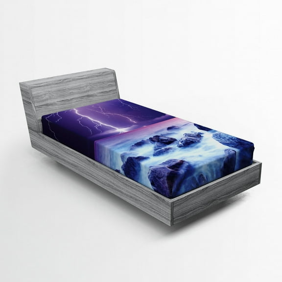 Ambesonne Storm Fitted Sheet, Stormy Sky Ocean Rocks Night, Twin XL Size, Purple and Indigo