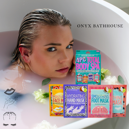 Onyx Bathhouse 4 PC Total Body Spa Set, Hand Peel Mask, Foot Mask, Under Eye Mask, and Face Spa Mask