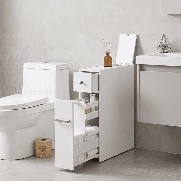 PAWON Narrow Bathroom Floor Cabinet, Freestanding Wood Storage Organizer with Slide-Out Drawers and Toilet Paper Dispenser, White
