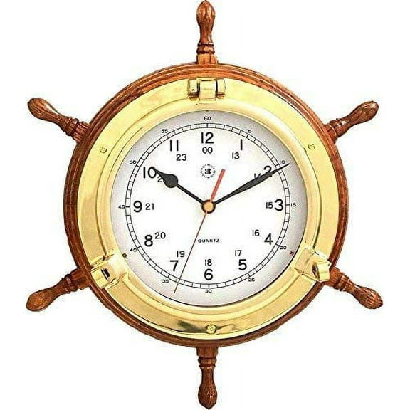 Bey-Berk International 13.5 in. Brass/Oak Ships Wheel, Clock - Tarnish Proof
