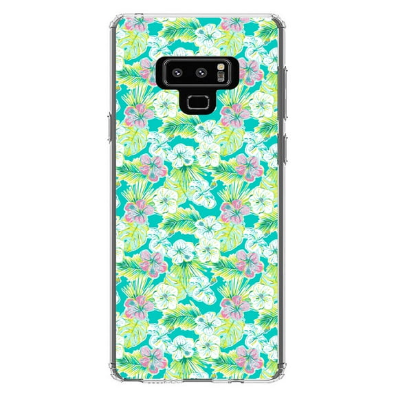DistinctInk Clear Shockproof Hybrid Case for Samsung Galaxy Note 9 - TPU Bumper, Acrylic Back, Tempered Glass Screen Protector - Preppy Pattern - Green Pink White Flowers Floral