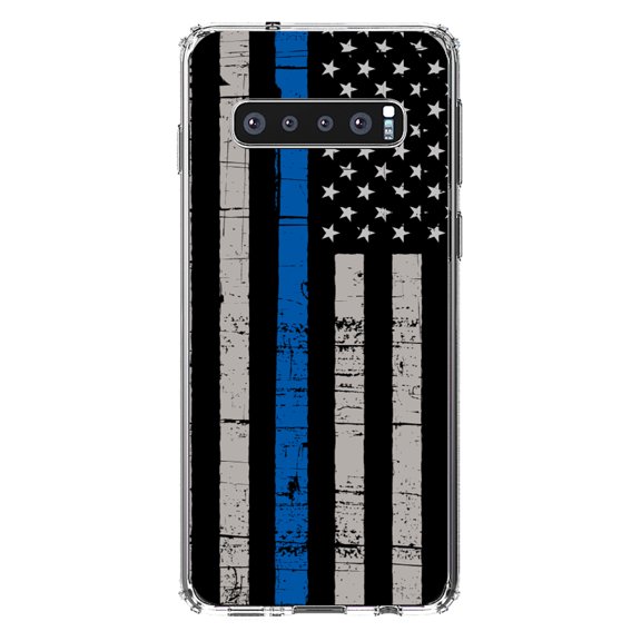 DistinctInk Clear Shockproof Hybrid Case for Samsung Galaxy S10  PLUS(6.4" Screen) - TPU Bumper, Acrylic Back, Tempered Glass Screen Protector - Weathered Thin Blue Line US Flag -First Responders
