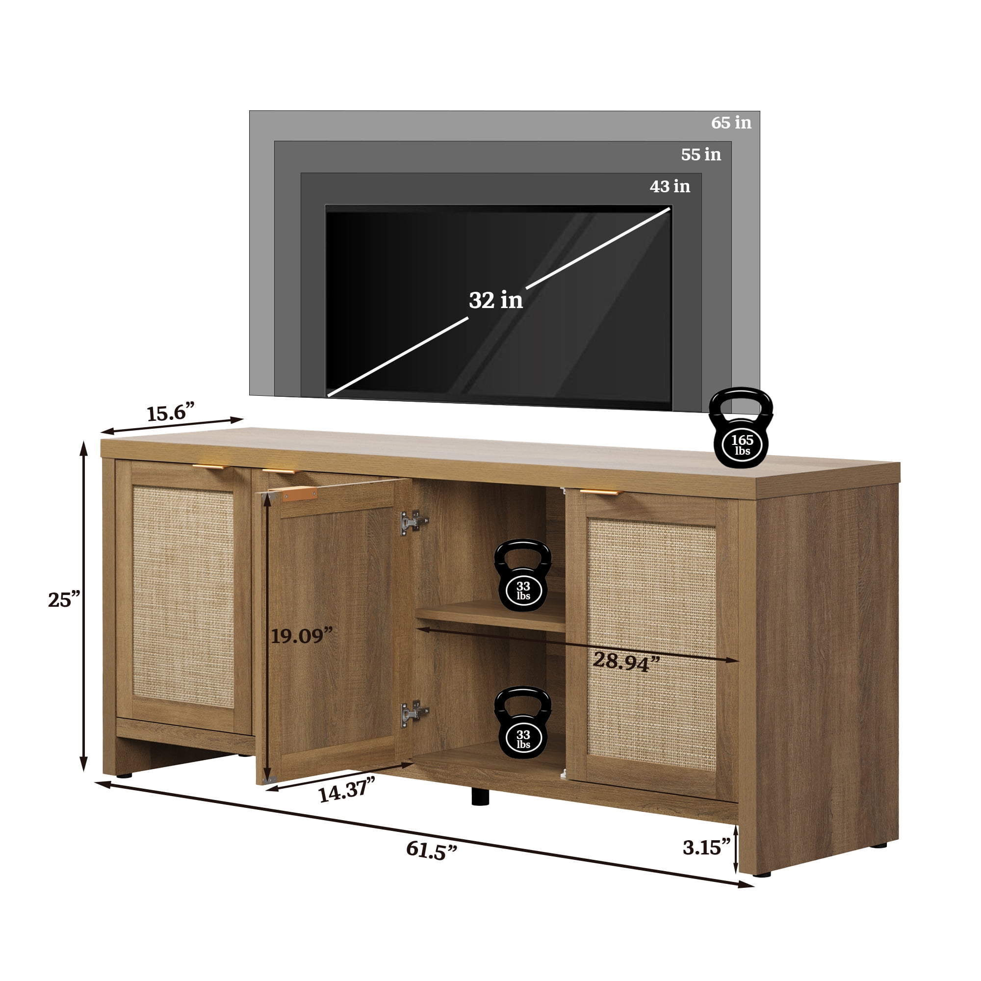SICOTAS 61.5"W Rattan TV Stand with 4 Doors, Boho Entertainment Center with Adjustable Shelves & Spacious Countertop – Large Boho Farmhouse Media Console for Living Room, Reclaimed Caramel Oak