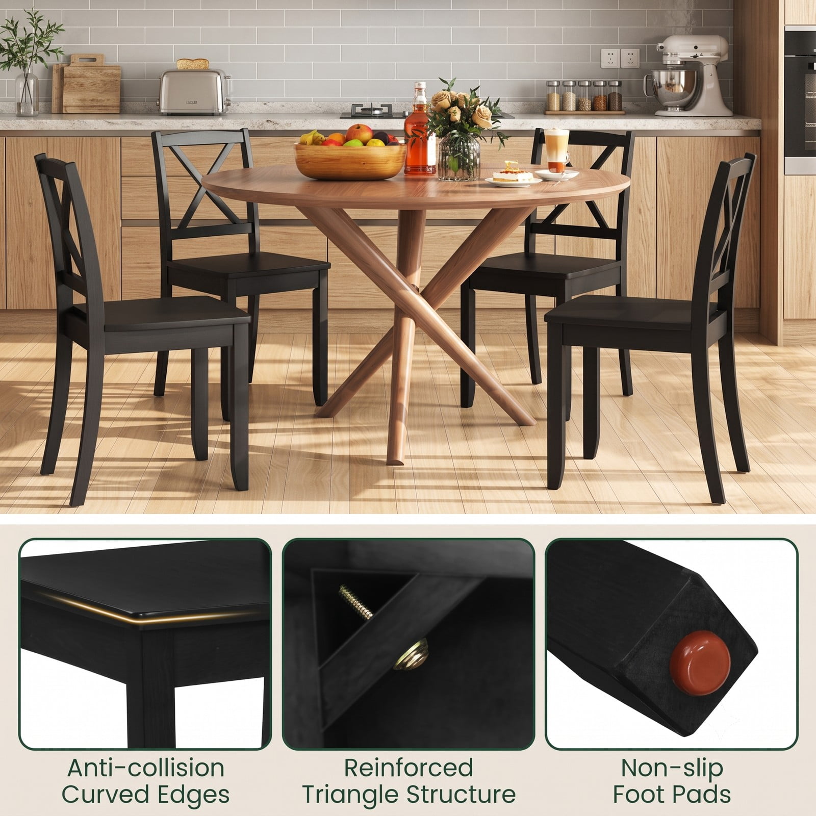 Furnibear Wood Dining Chair Set of 2, Farmhouse Kitchen Side Chairs with Rubber Wood Legs, Curved Cross Back and Non-Slip Foot Pads for Dining Room, Black
