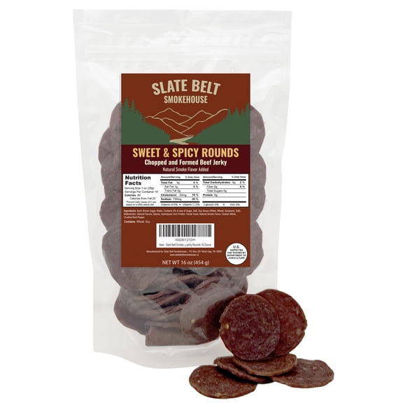 Slate Belt Smokehouse Sweet and Spicy Jerky Rounds, Beef Medallions Bulk Protein Snack, Beef Jerky Roses 1 Pound