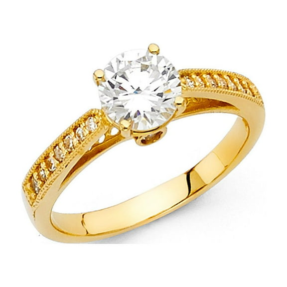 CZ Engagement Solitaire Ring 14k Yellow Gold Anniversary Round CZ Band Bridal Side Stone Ring Size 7