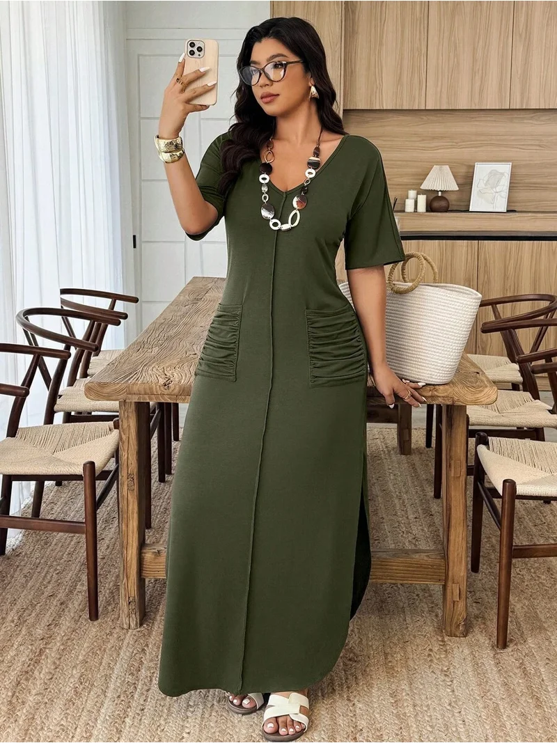 Weeklong Plus Size Women V-Neck Striped Dual Pocket Ruched Slit Hem Casual Knit Dress, Spring/Summer