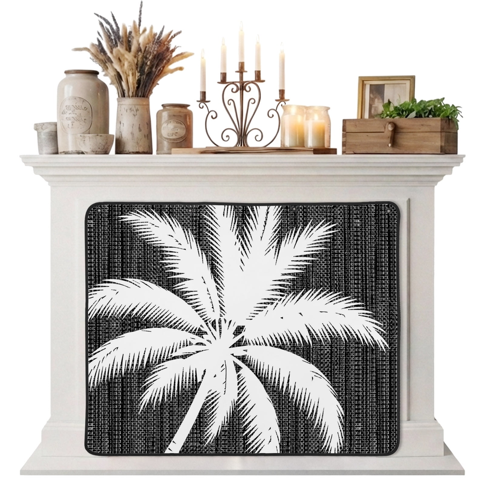 Magnetic Fireplace Cover Black Linen Tropical Coconut Tree Fireplace Screen Summer Palm Tree Insulation Fireplace Blocker Blanket Save Energy Fireplace Draft Stopper Covers for Living Room 39x32