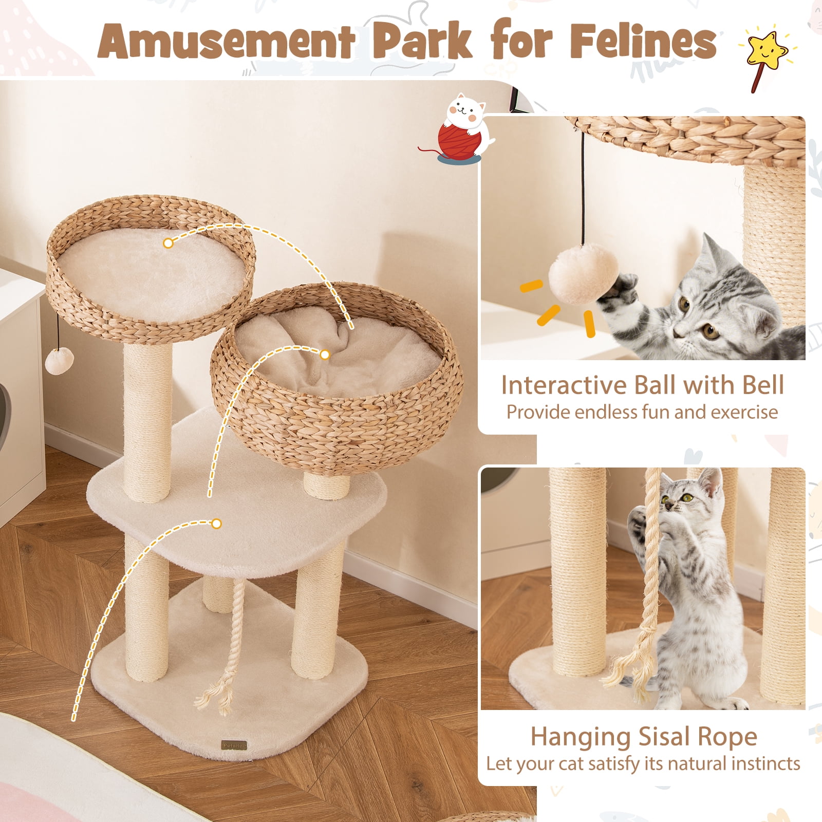 Gymax 41'' Hand-Made Cat Tree Tower Natural Bowl Shaped w/ 2 Perch