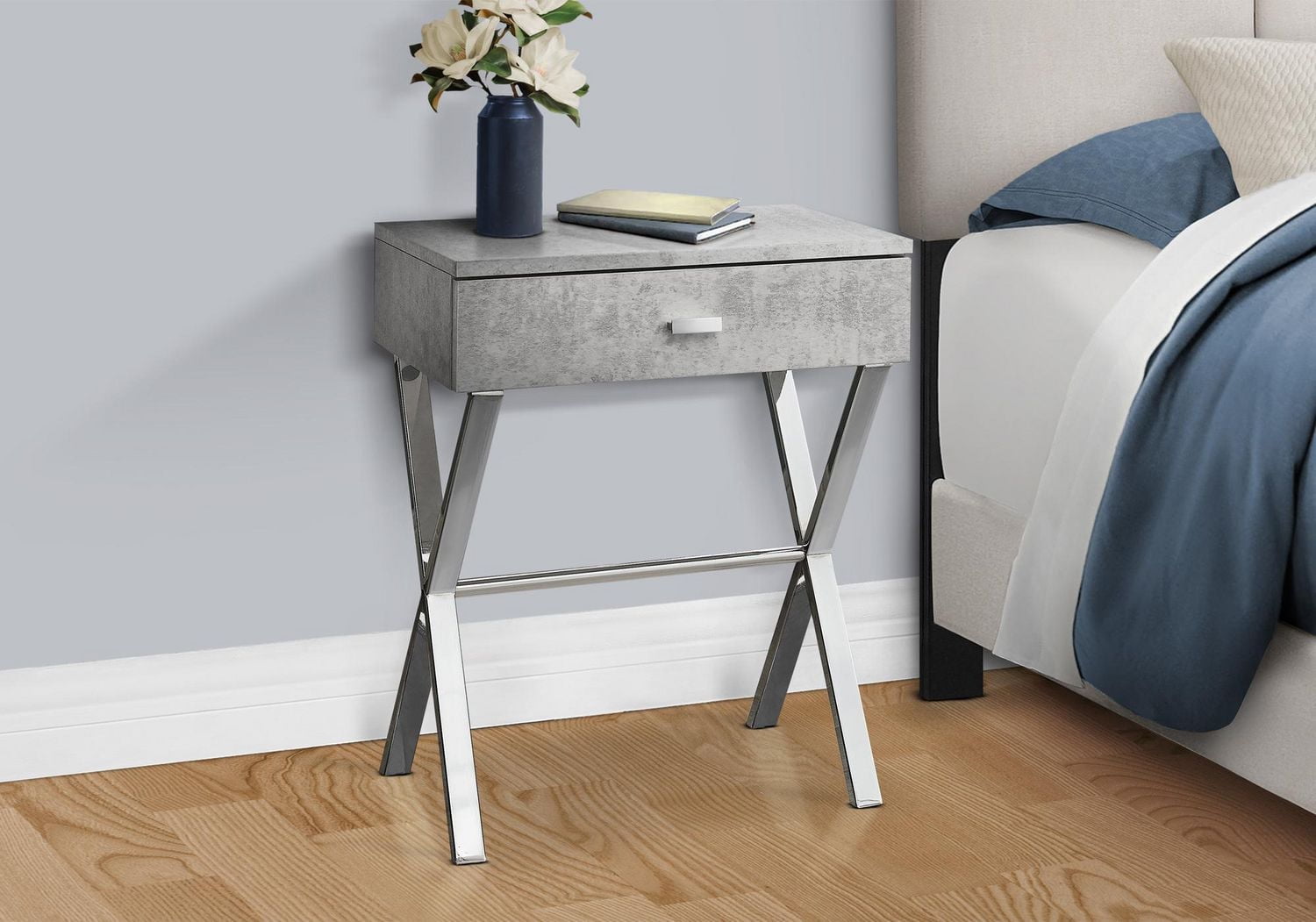 Monarch Specialties Accent Table, Side, End, Nightstand, Lamp, Storage Drawer, Living Room, Bedroom, Grey Laminate, Chrome Metal, Contemporary, Modern