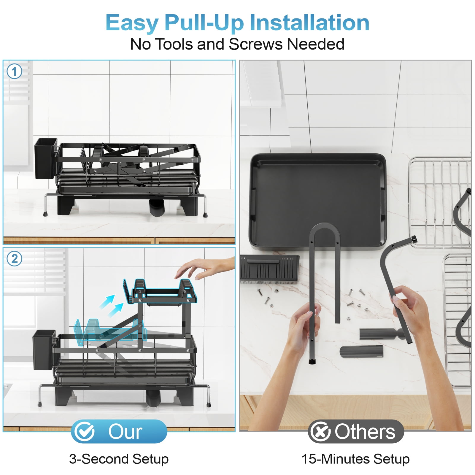 iSPECLE Large Dish Drying Rack - Extendable 2-in-1 Dish Racks for Kitchen Counter or Over Sink, 2 Tier Dish Drainer with Drainboard, Cups Holder and Utensil Holder, Black