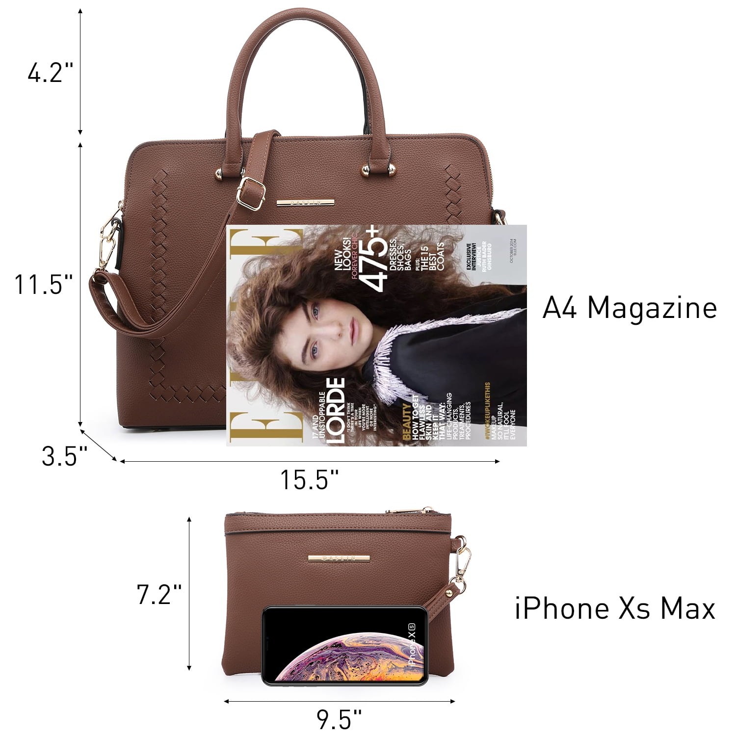 Dasein Women's Vegan Leather Structured Briefcase Handbag with Wristlet, Black, 2-Piece