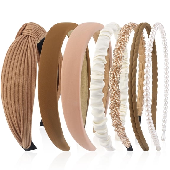 Different Headbands for Women Brown Knotted Solid Head Bands Pearl Headband Non Slip Hair Band for Womens Thin Thick Short Hair Face Wash Hair Accessories