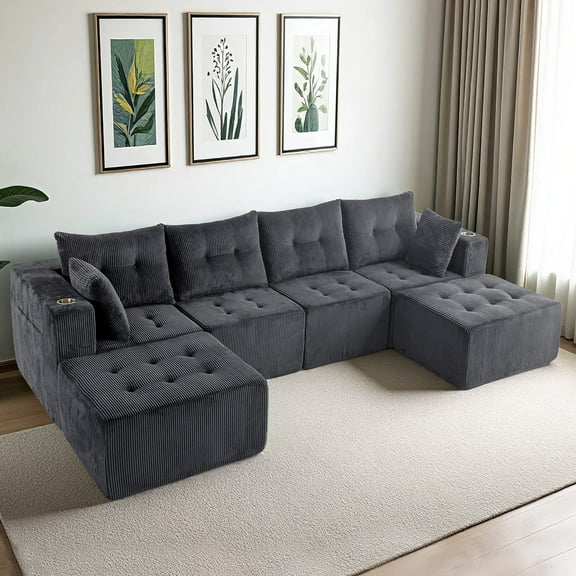 BYBYME 129"Oversized U Shaped Couch,6 Seat Sectional Corduroy Tufted Sofa,Upholstered Symmetrical Cloud Couch with Double Chaise,Wrap Around Sofa for Living Room Apartment Office,Sofa in A Box,Grey