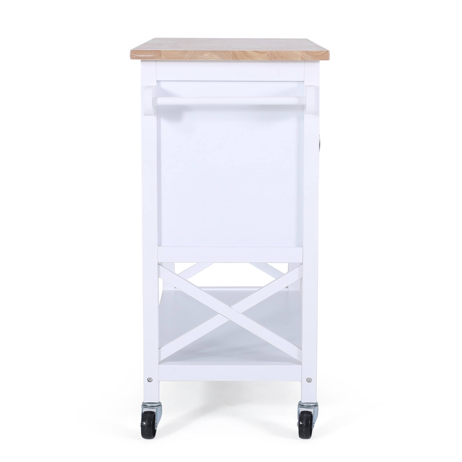 Kadyn Farmhouse Kitchen Island Cart with Doors, Kitchen Cart with Wheels, Rubberwood Kitchen Cart for Kitchen, White and Natural