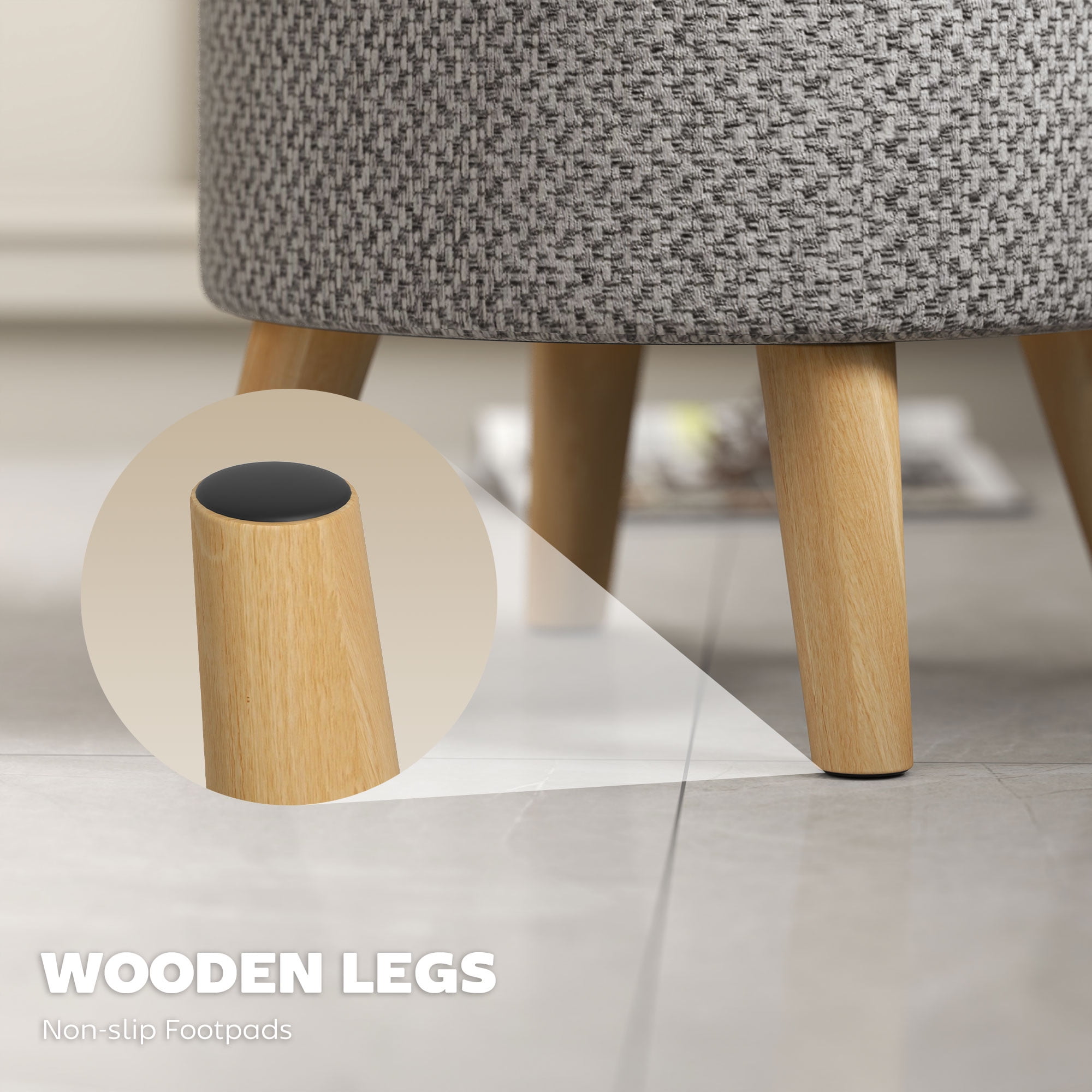 HOMCOM Storage Ottoman, Round Footstool with Linen Feel Fabric Upholstery, Removable Top, Hidden Space and Wood Legs for Living Room, Light Gray