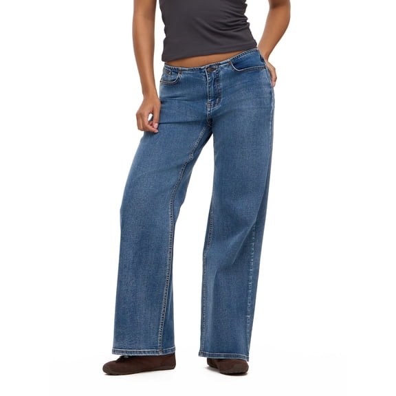 Forever 21 Women's No Waist Wide Leg Denim Pants, Stretch Cotton Blend Jeans, Mid Rise Casual Everyday Denim Style, Medium Acid Wash, Blue, 00-18