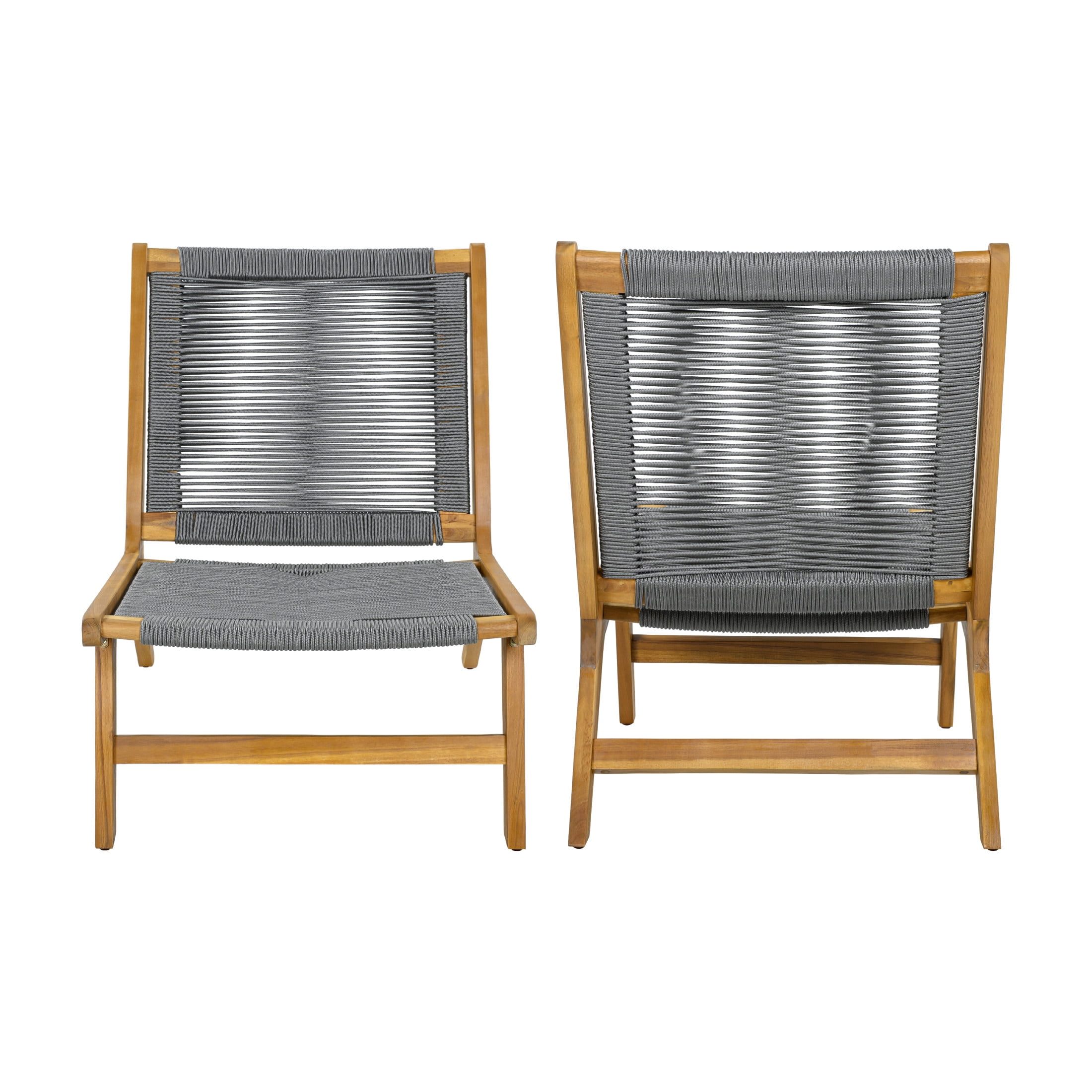 Christopher Knight Home Set of 2 Outdoor Lounge Chairs, Acacia Wood Rope Patio Chairs, Teak + Gray