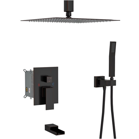 JERFIT 16" Ceiling Mount Rainfall Shower System with Waterfall Tub Spout, Oil Rubbed Bronze Finish, 3-Function Pressure Balanced Valve for Bathroom