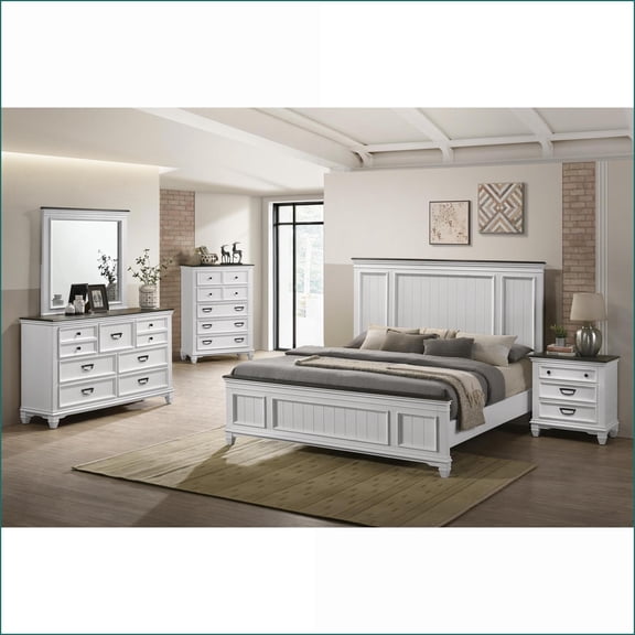 Bedroom Furniture Set – 5-Piece Modern Farmhouse Wood King Bed, Dresser, Mirror, Nightstand, Chest | Wood | Standard Beds