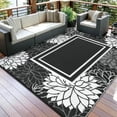 thumbnail image 2 of GlowSol 9'x12' Outdoor Rug Modern Bordered Floral Plastic Straw Rug Waterproof Reversible Mat Outdoor Rug for Camping Patio Picnic, Black White, 2 of 8