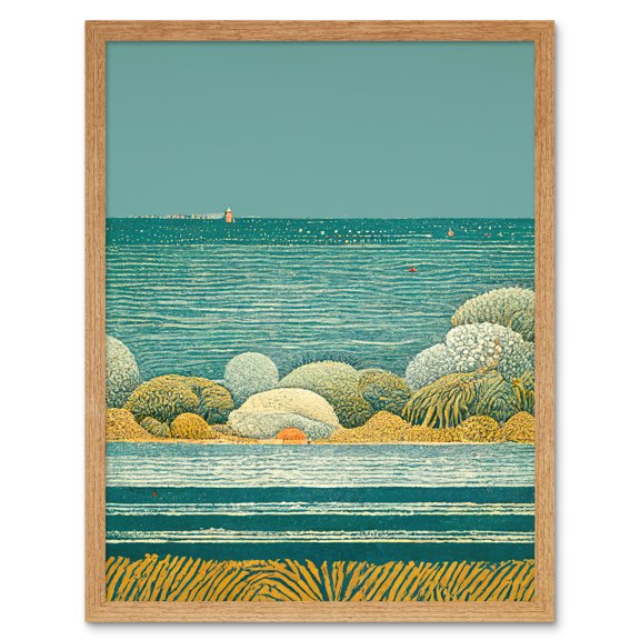 Modern Quirky Beach Scene Ocean View Lighthouse Art Print Framed Poster Wall Decor 12x16 inch