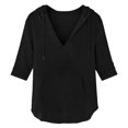 thumbnail image 4 of Women's Cotton Linen Hooded Cover Up, 3/4 Sleeve V-Neck Pocket Shirt, Lightweight Beach Kimono for Bikini Cover, Summer Vacation, and Resort Wear-Black, 4 of 9